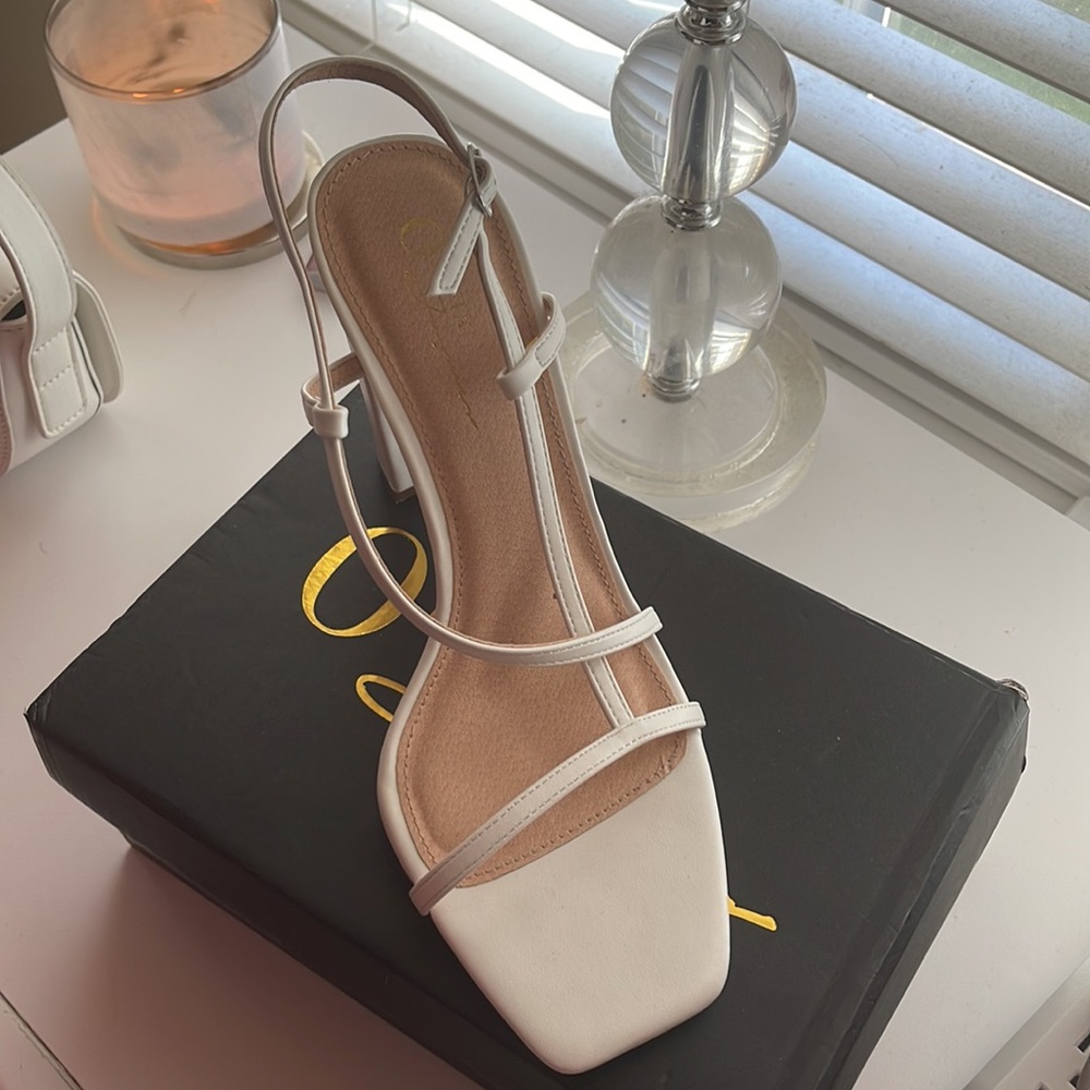 White chunky heeled sandals
